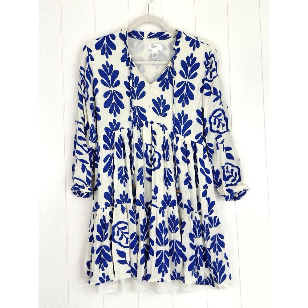 Japna Blue White Floral Tiered Smock Mini Dress Boho Festival Size Small Viscose